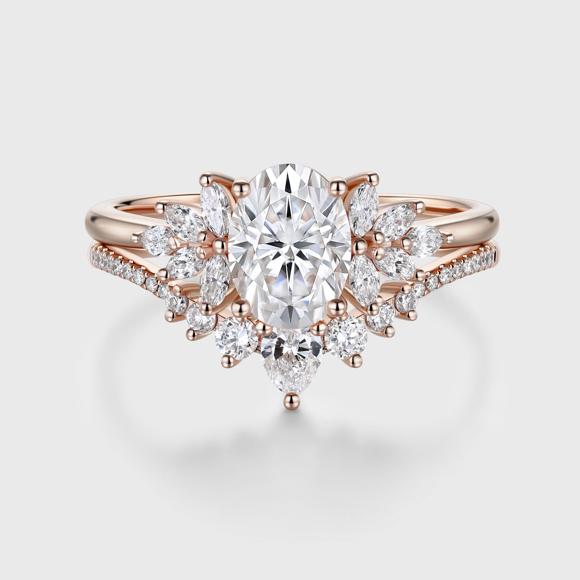 1.5 Carat Vintage Oval cut Moissanite Cluster Engagement ring Bridal Set