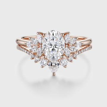 1.5 Carat Vintage Oval cut Moissanite Cluster Engagement ring Bridal Set