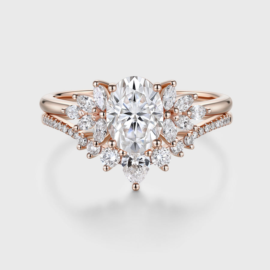1.5 Carat Vintage Oval cut Moissanite Cluster Engagement ring Bridal Set
