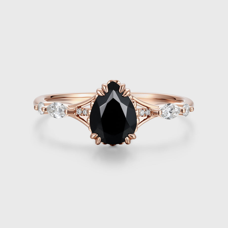 Pear cut Black Onyx Solid Gold Engagement Ring