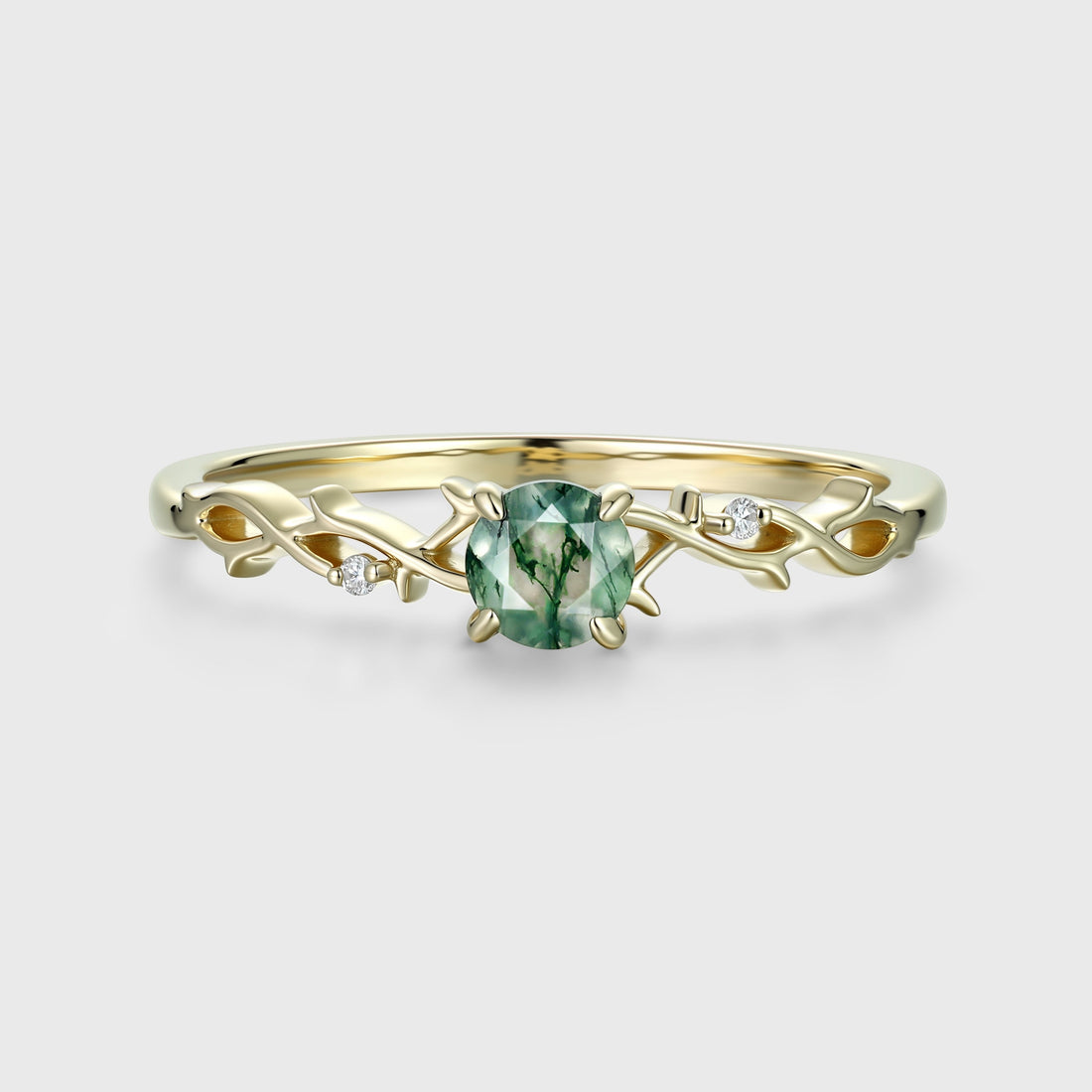 Nature Inspired Round cut Moss Agate + Diamonds twig Engagement Ring