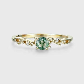 Nature Inspired Round cut Moss Agate + Diamonds twig Engagement Ring