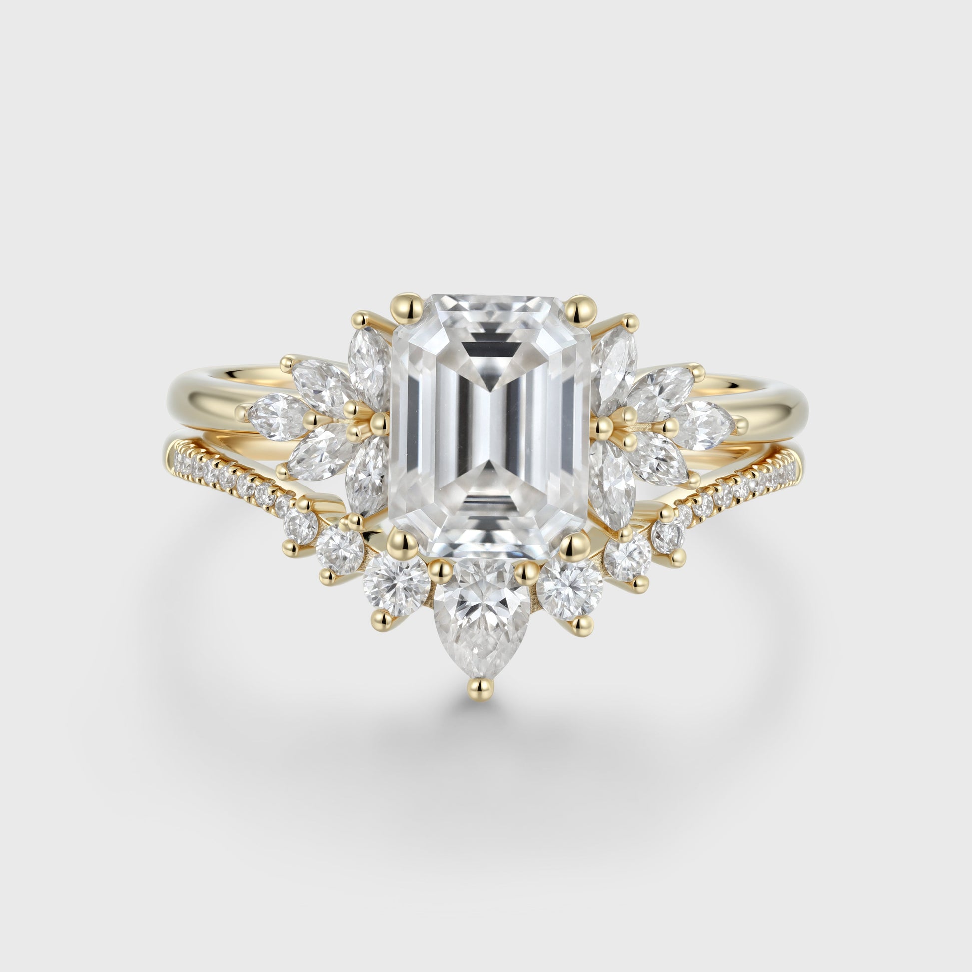 1.7Carat Emerald cut Moissanite Cluster Engagement ring Bridal Set