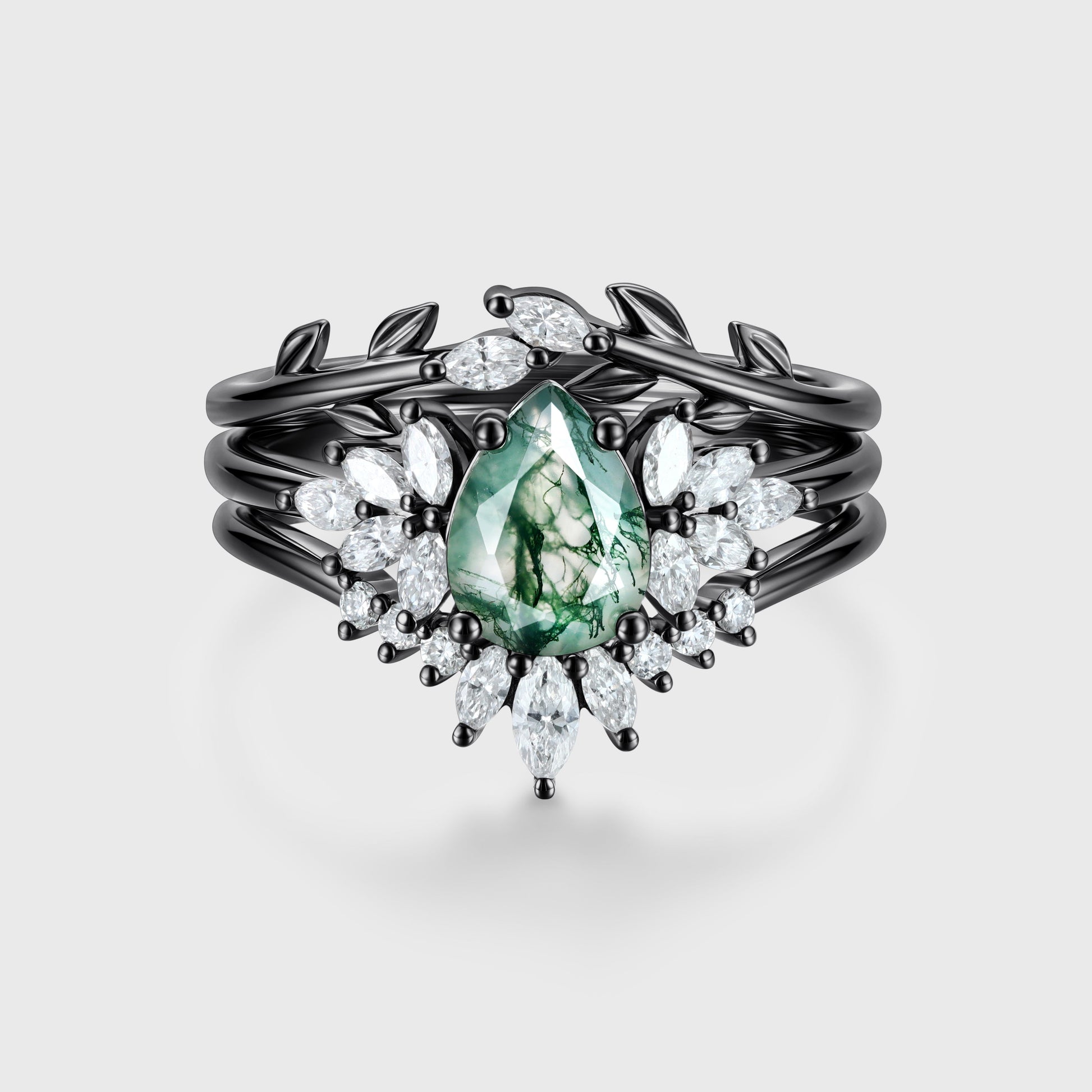 Natural Green Moss Agate 3PCS Pear Cluster Engagement ring Bridal Sets
