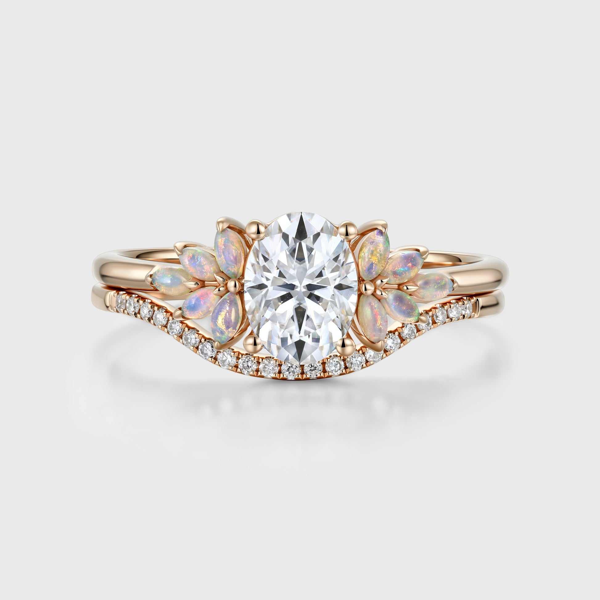 Oval cut Moissanite + Opal Cluster Engagement Ring Bridal Set