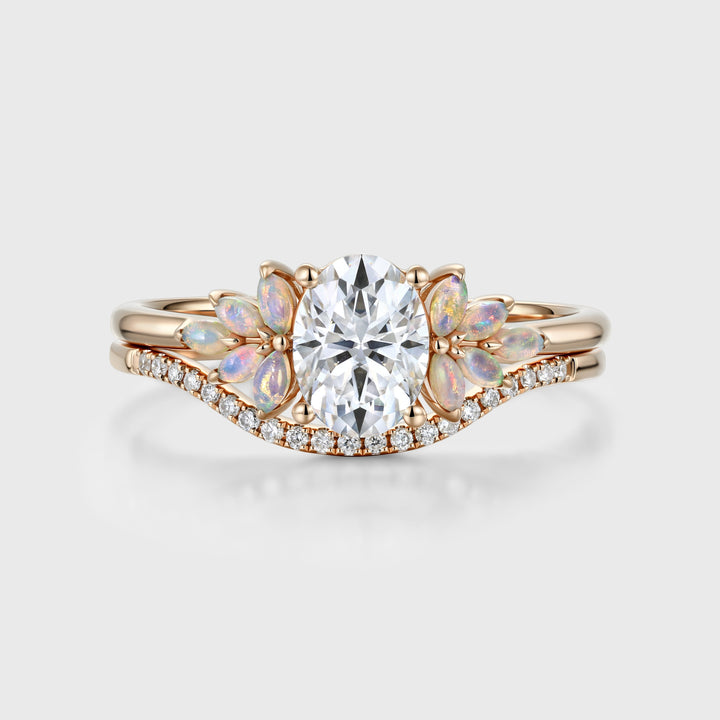 Oval cut Moissanite + Opal Cluster Engagement Ring Bridal Set