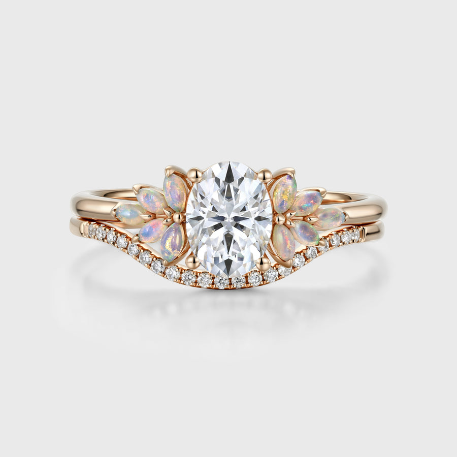 Oval cut Moissanite + Opal Cluster Engagement Ring Bridal Set