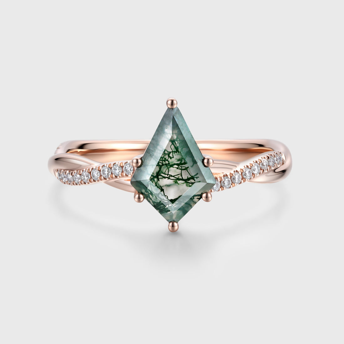 Kite Cut Natural Green Moss Agate Cluster Engagement Ring