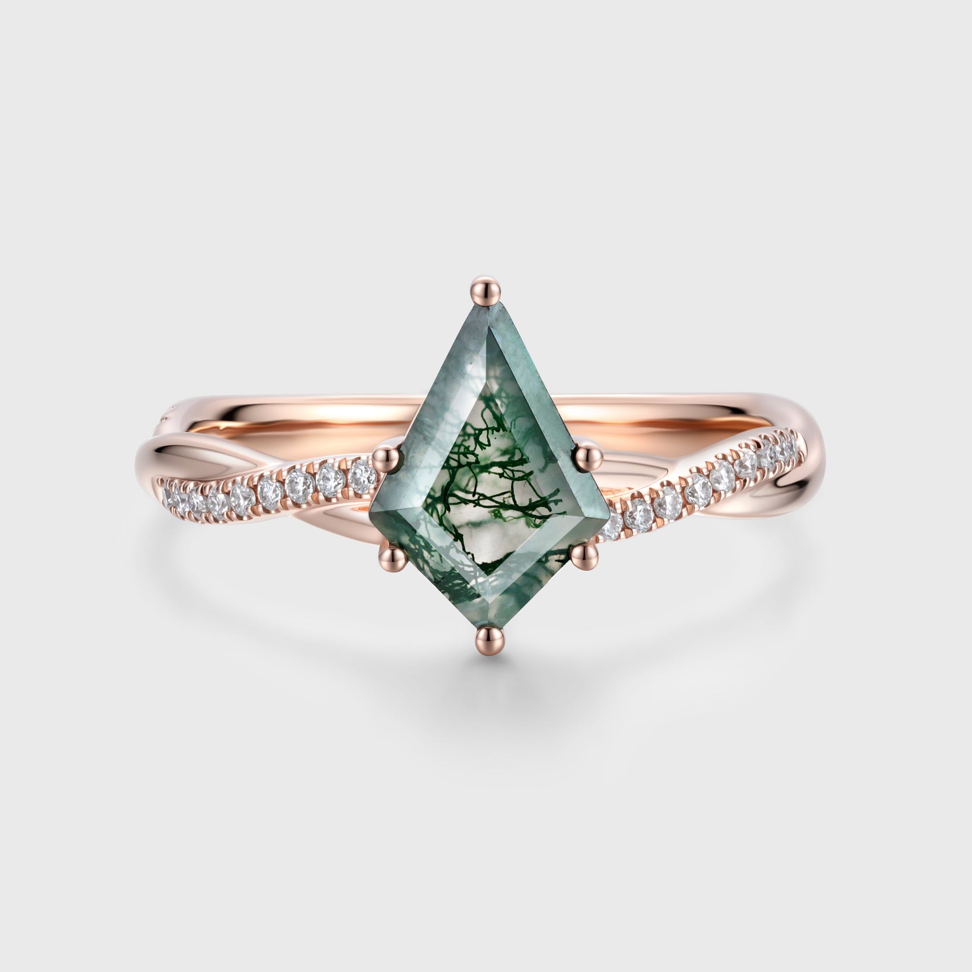 Kite Cut Natural Green Moss Agate Cluster Engagement Ring