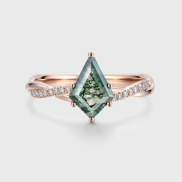 Kite Cut Natural Green Moss Agate Cluster Engagement Ring
