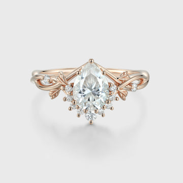 Nature Inspired Pear cut Moissanite Leaf Gold Engagement Ring