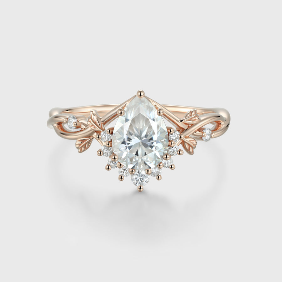 Nature Inspired Pear cut Moissanite Leaf Gold Engagement Ring