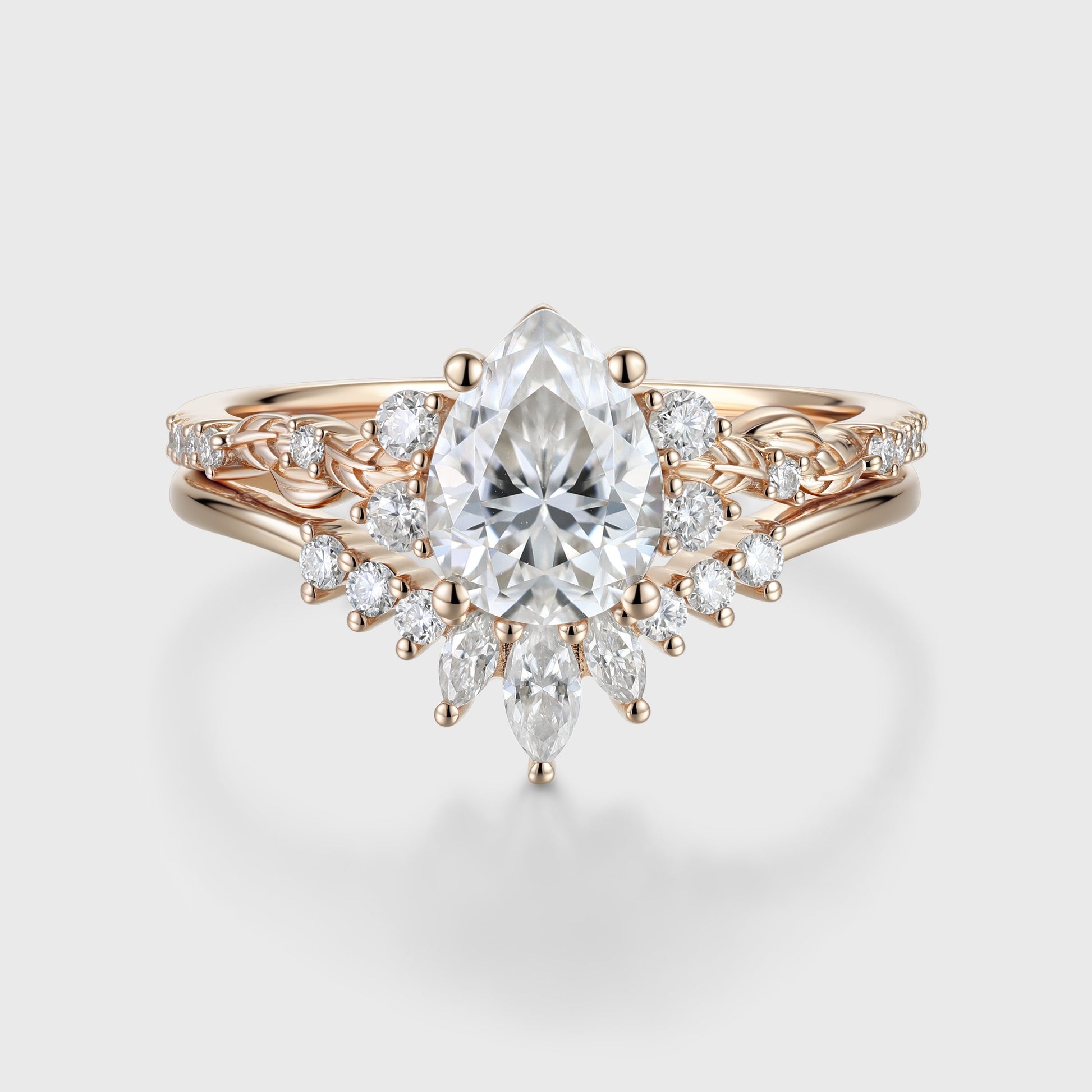 Pear Cut Moissanite Rose Gold Wedding Bridal Set