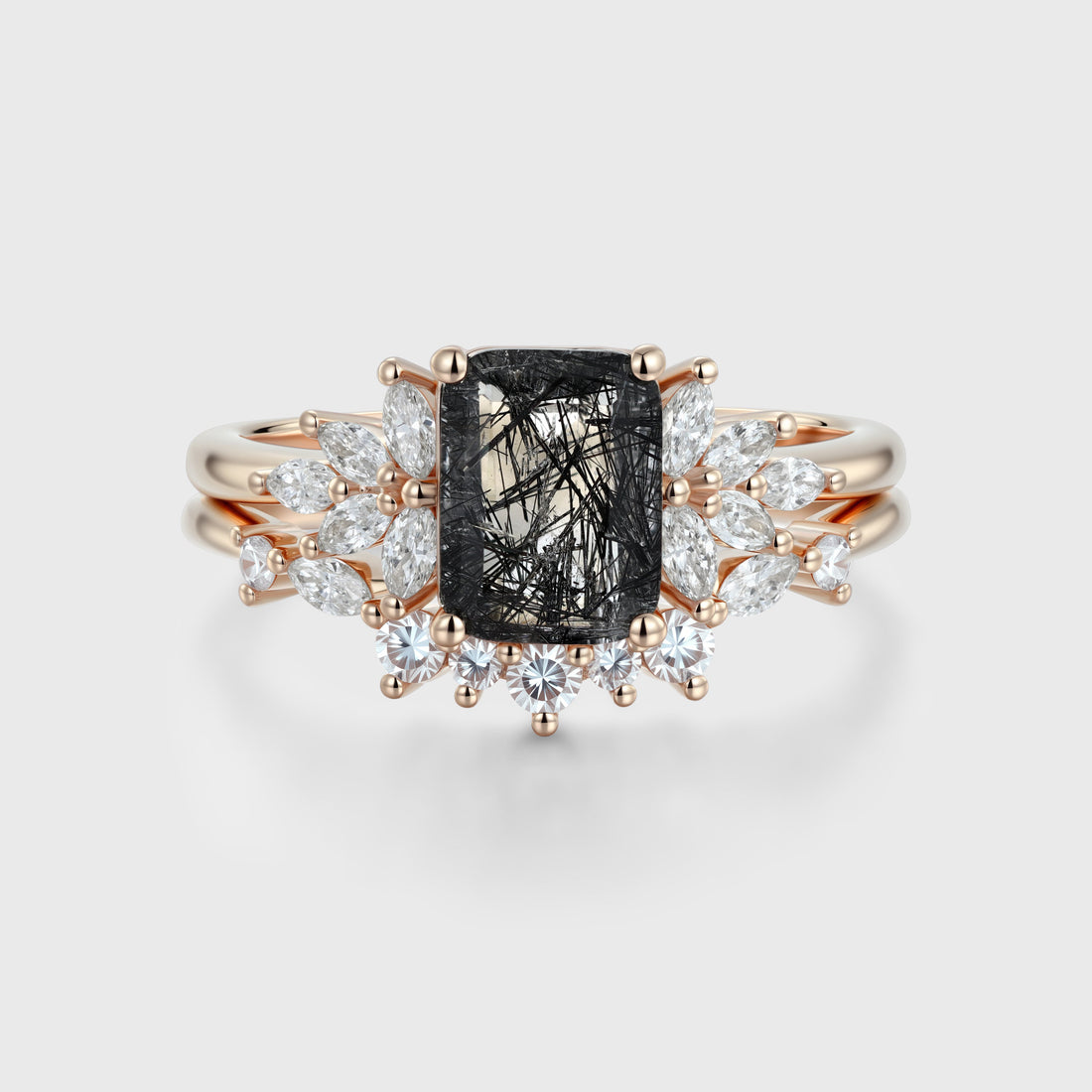 Emerald cut Black Rutilated Quartz Engagement ring Bridal Set