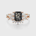 Emerald cut Black Rutilated Quartz Engagement ring Bridal Set