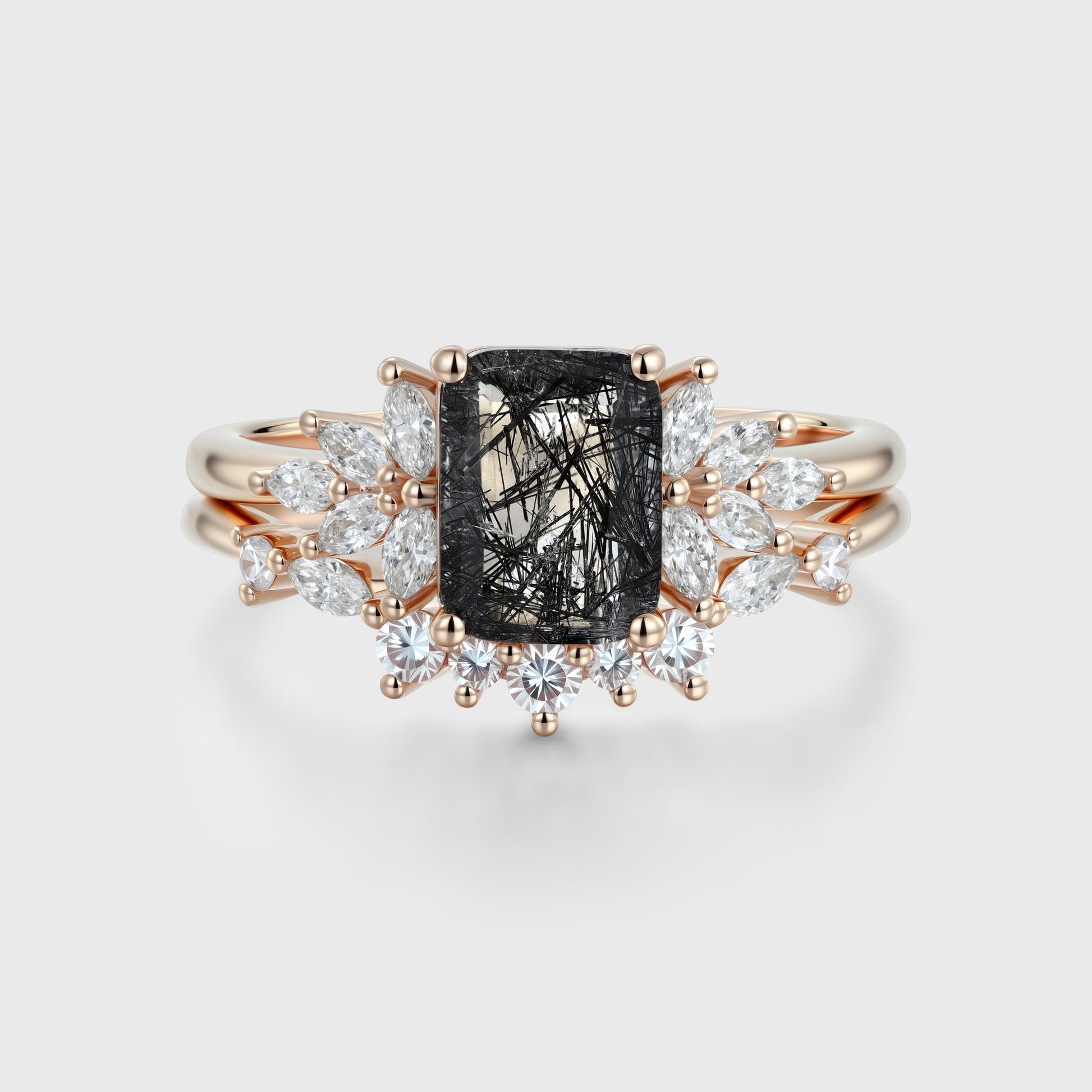 Emerald cut Black Rutilated Quartz Engagement ring Bridal Set