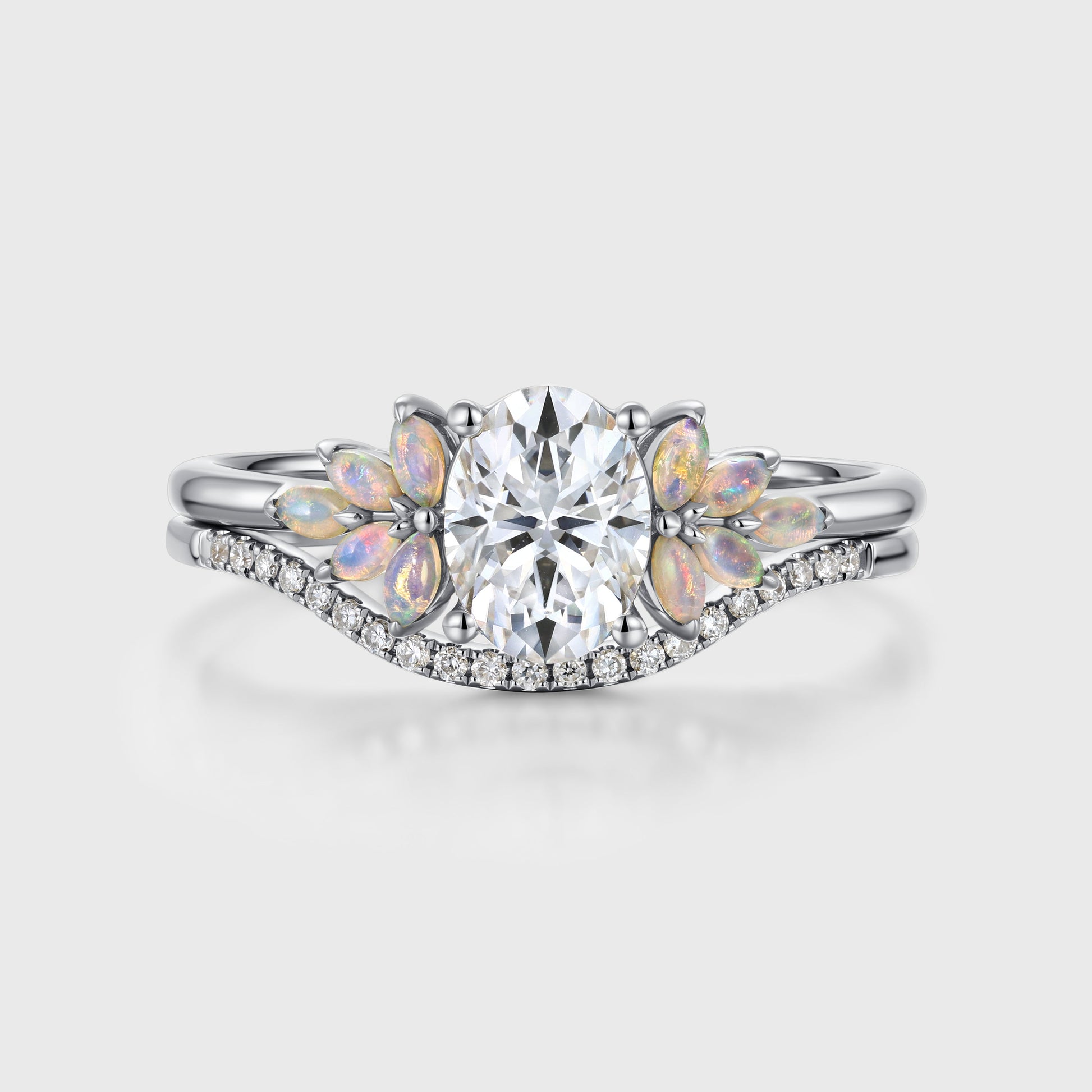 Oval cut Moissanite + Opal Cluster Engagement Ring Bridal Set