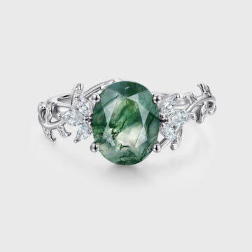 Natural Moss Agate Oval cut cluster Engagement Ring