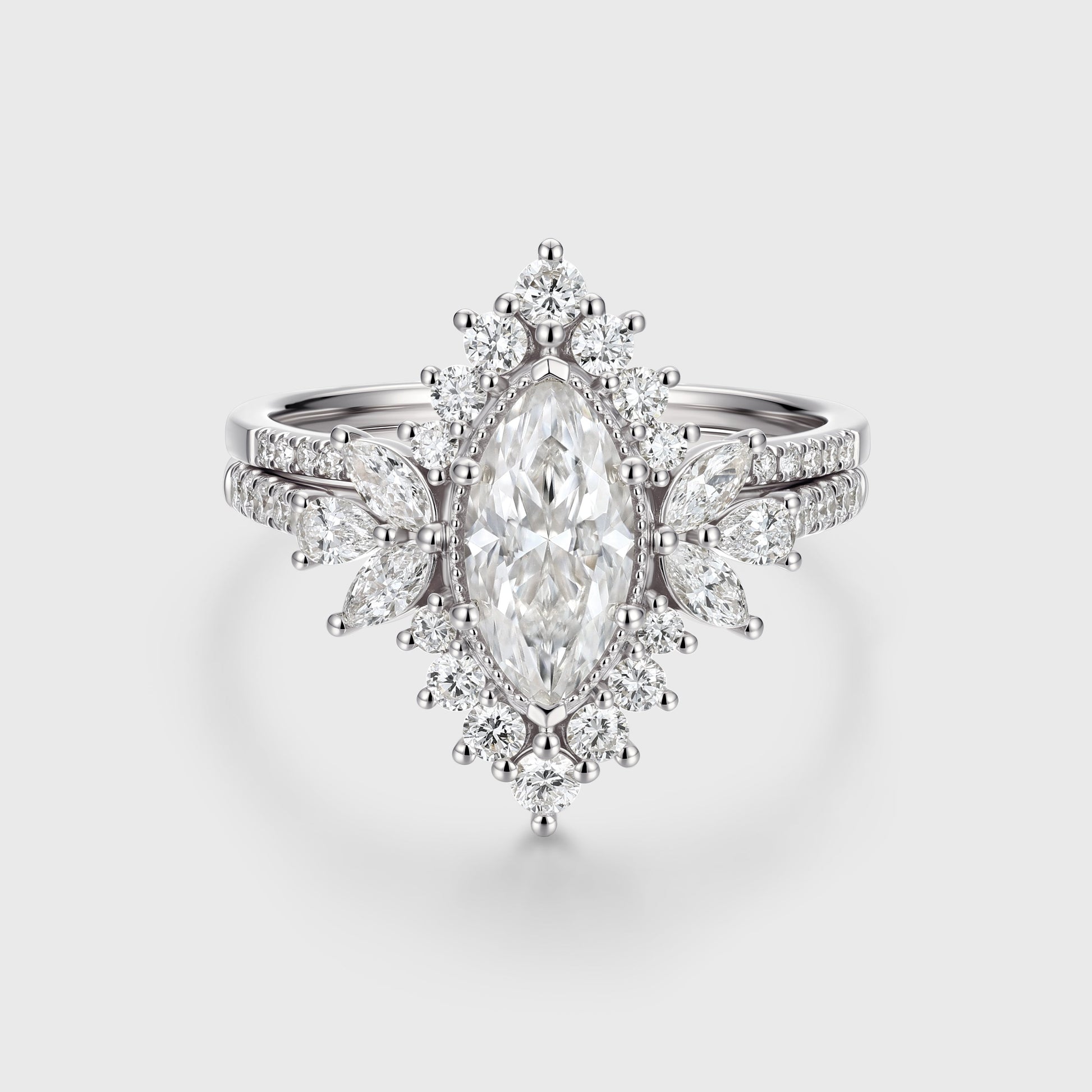 1 Carat Marquise cut Moissanite Halo Cluster Engagement Ring Bridal Set