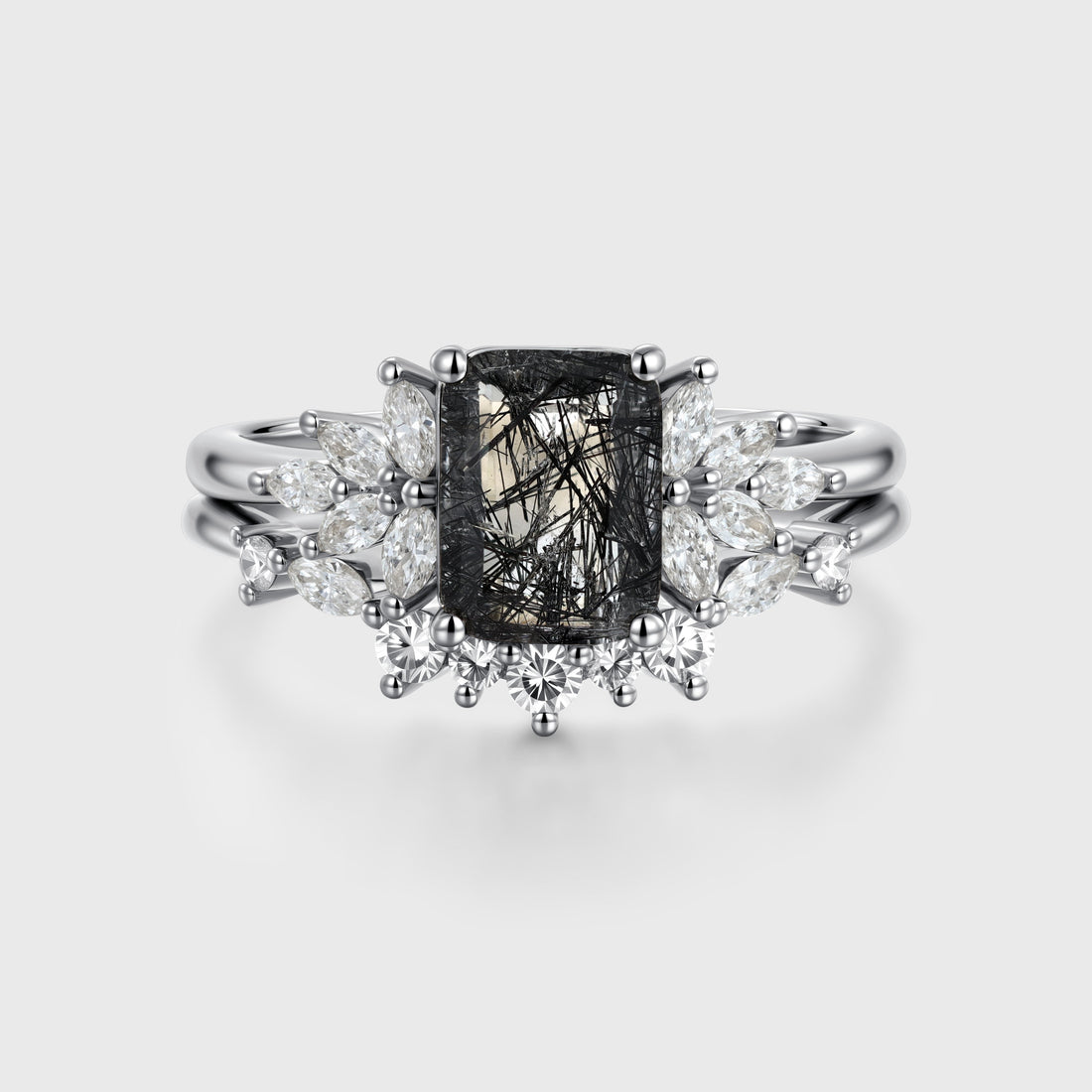 Emerald cut Black Rutilated Quartz Engagement ring Bridal Set