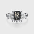 Emerald cut Black Rutilated Quartz Engagement ring Bridal Set