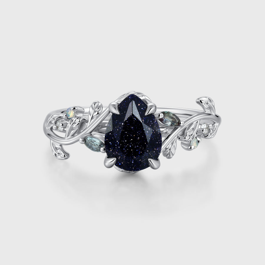 Inspired Pear cut Blue Sandstone Solid Gold Engagement Ring