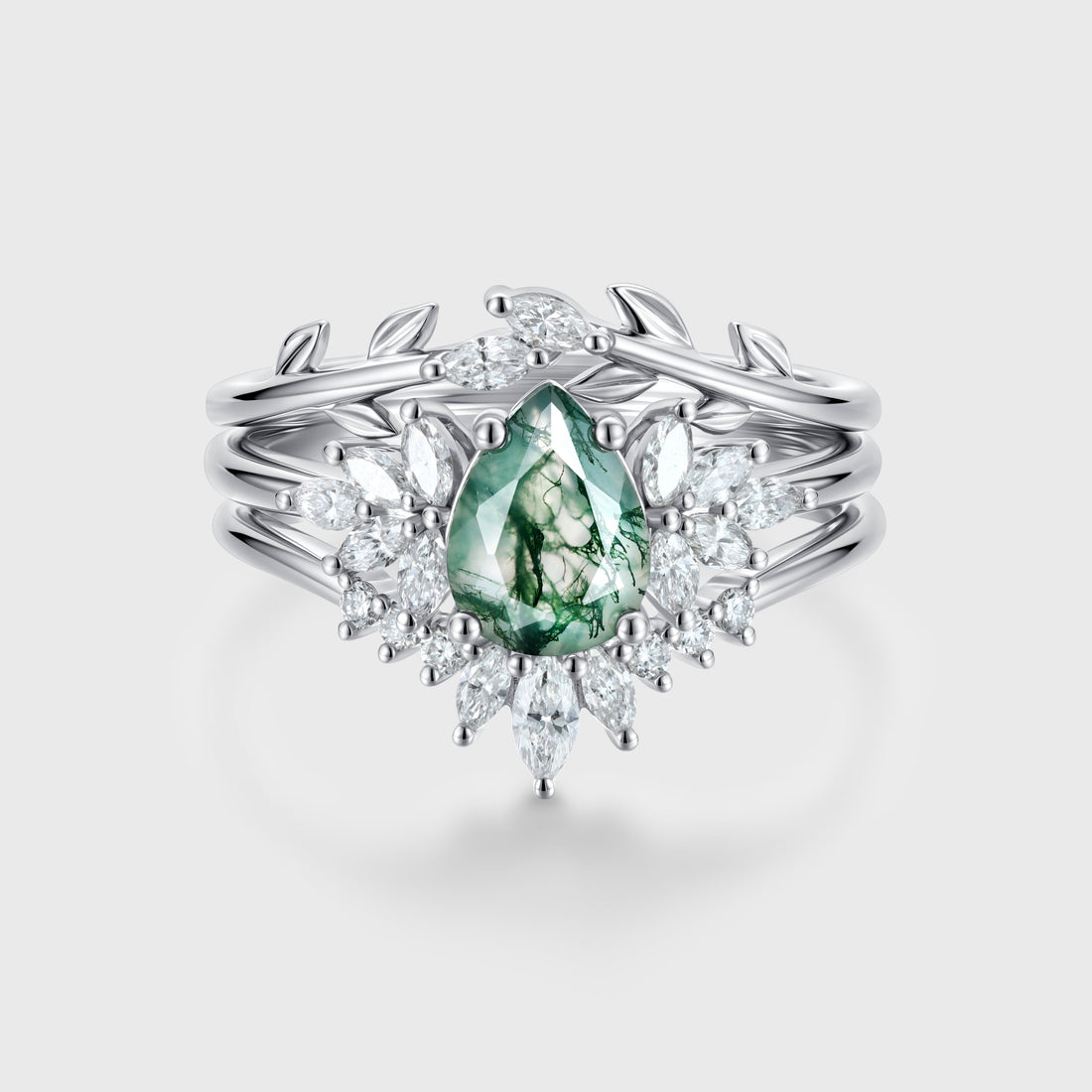 Natural Green Moss Agate 3PCS Pear Cluster Engagement ring Bridal Sets