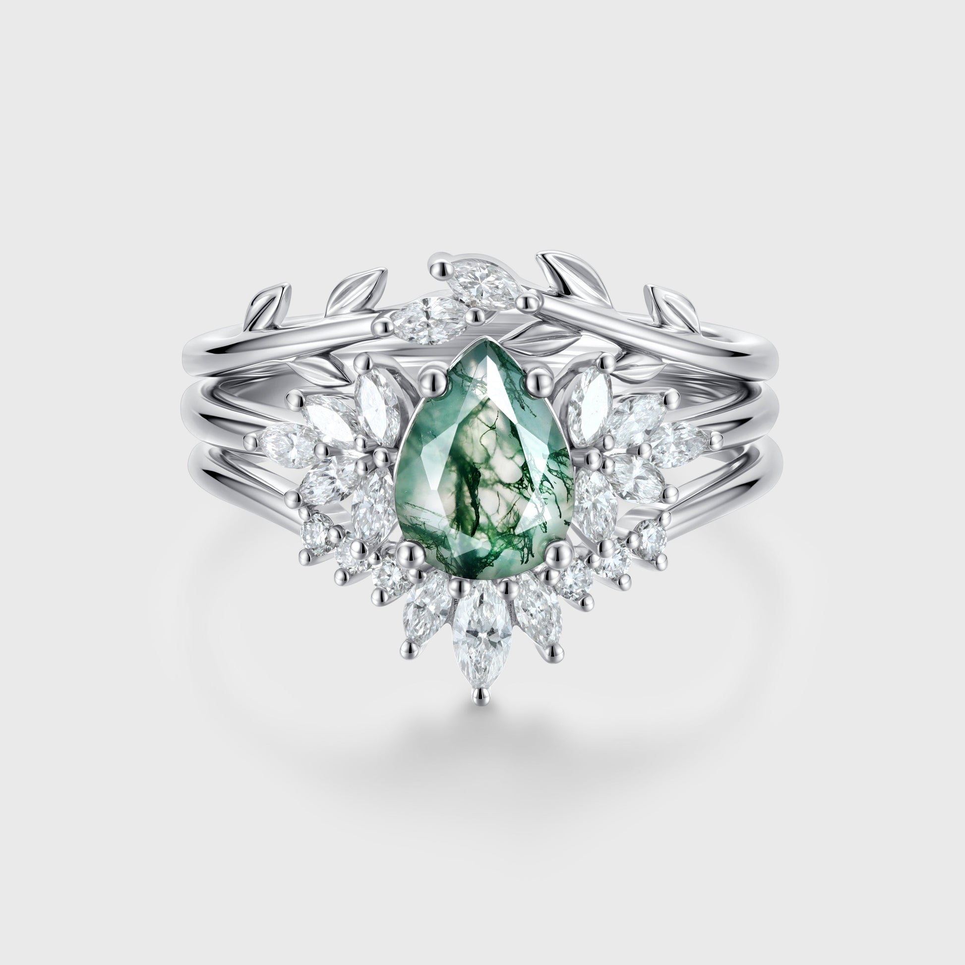 Natural Green Moss Agate 3PCS Pear Cluster Engagement ring Bridal Sets