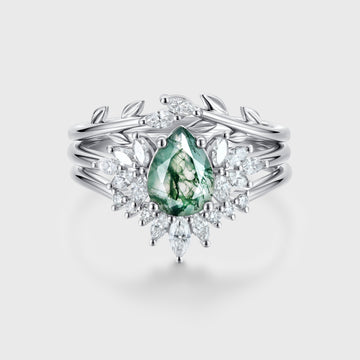 Natural Green Moss Agate 3PCS Pear Cluster Engagement ring Bridal Sets
