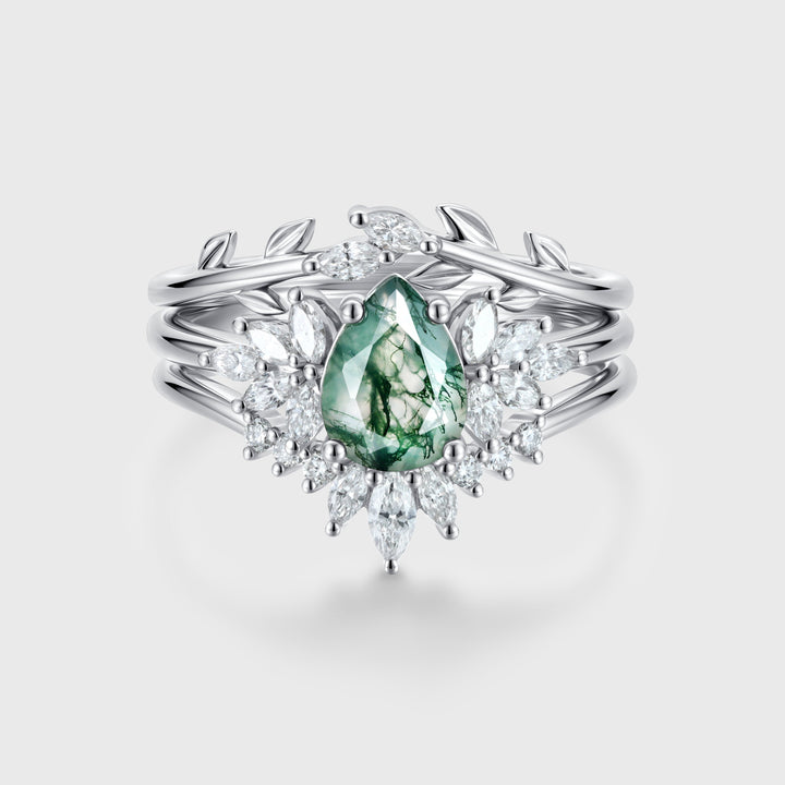 Natural Green Moss Agate 3PCS Pear Cluster Engagement ring Bridal Sets