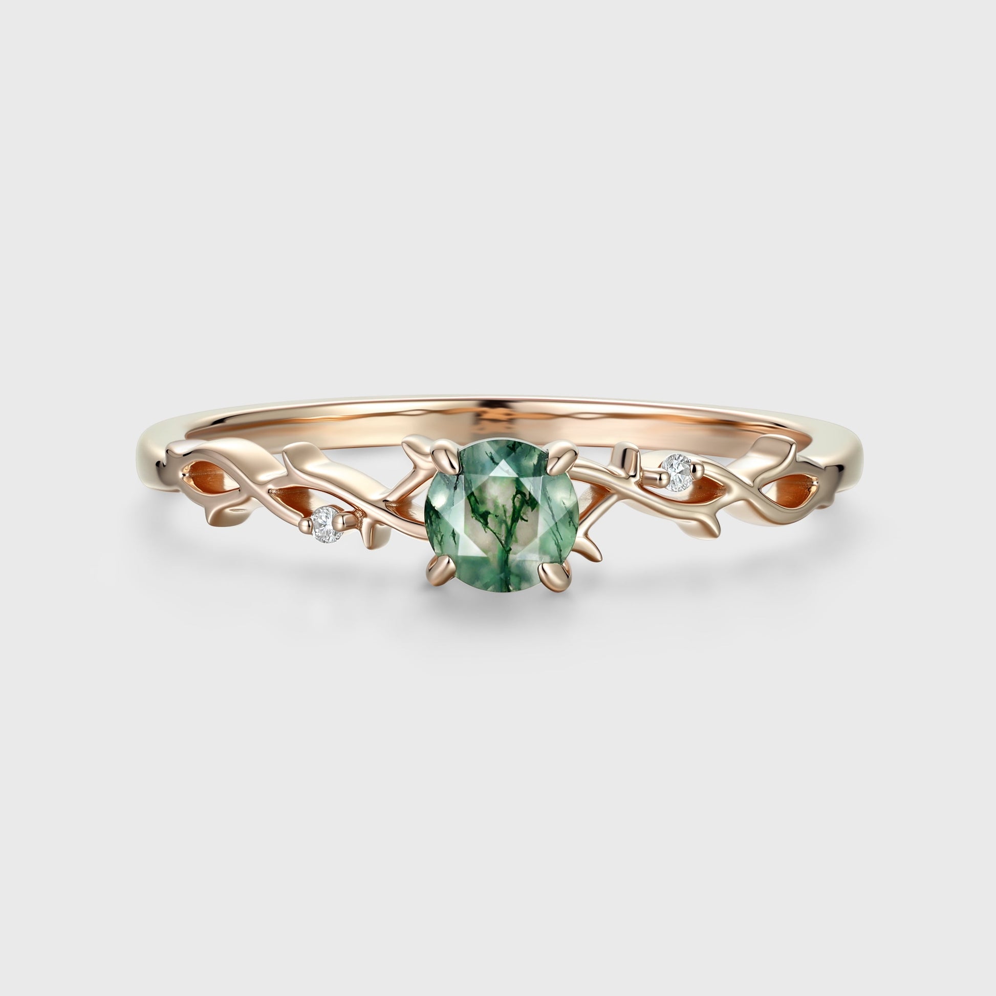 Nature Inspired Round cut Moss Agate + Diamonds twig Engagement Ring