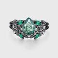 Pear cut Moss Agate Engagement ring + Lab Emerald Curved Wedding bridal set