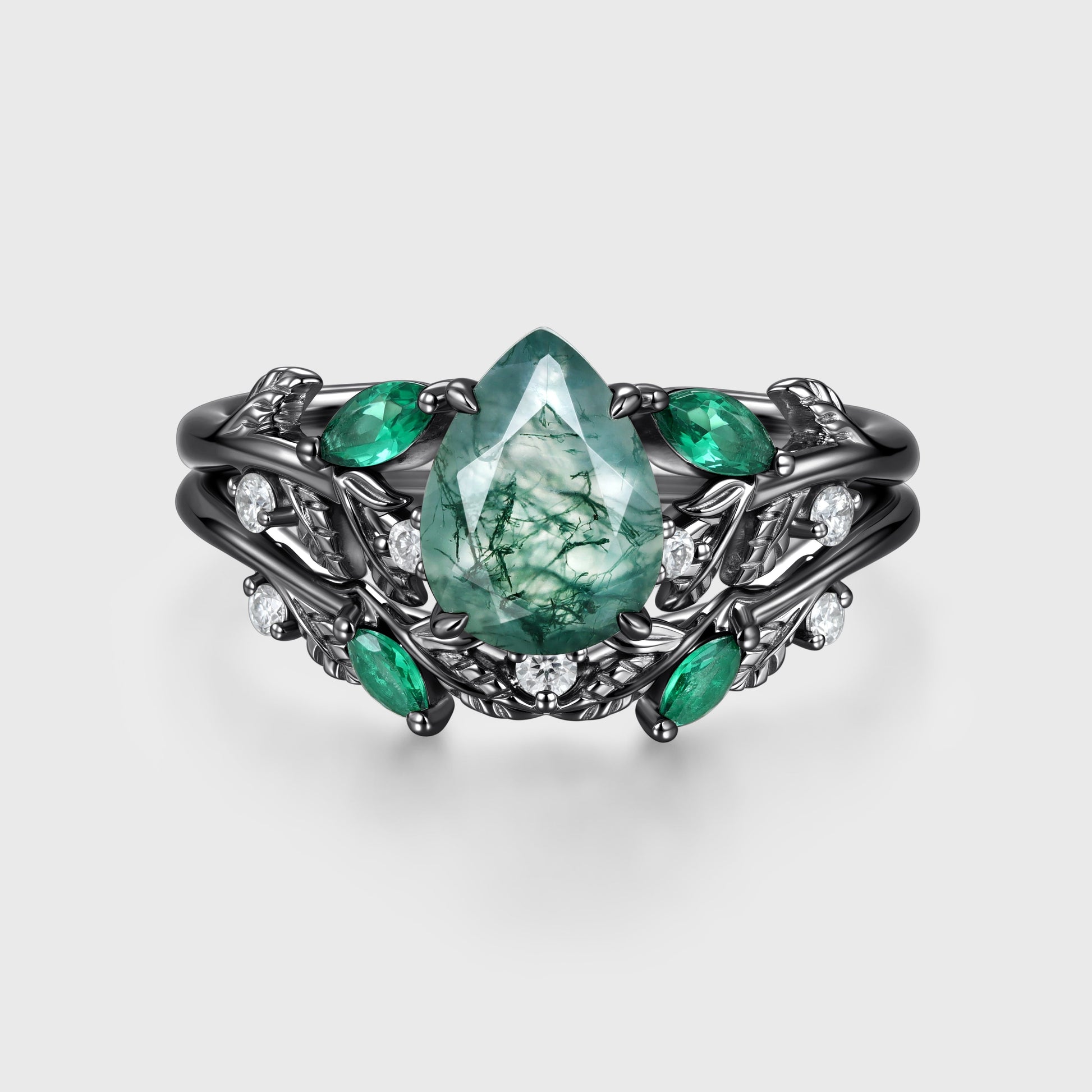 Pear cut Moss Agate Engagement ring + Lab Emerald Curved Wedding bridal set
