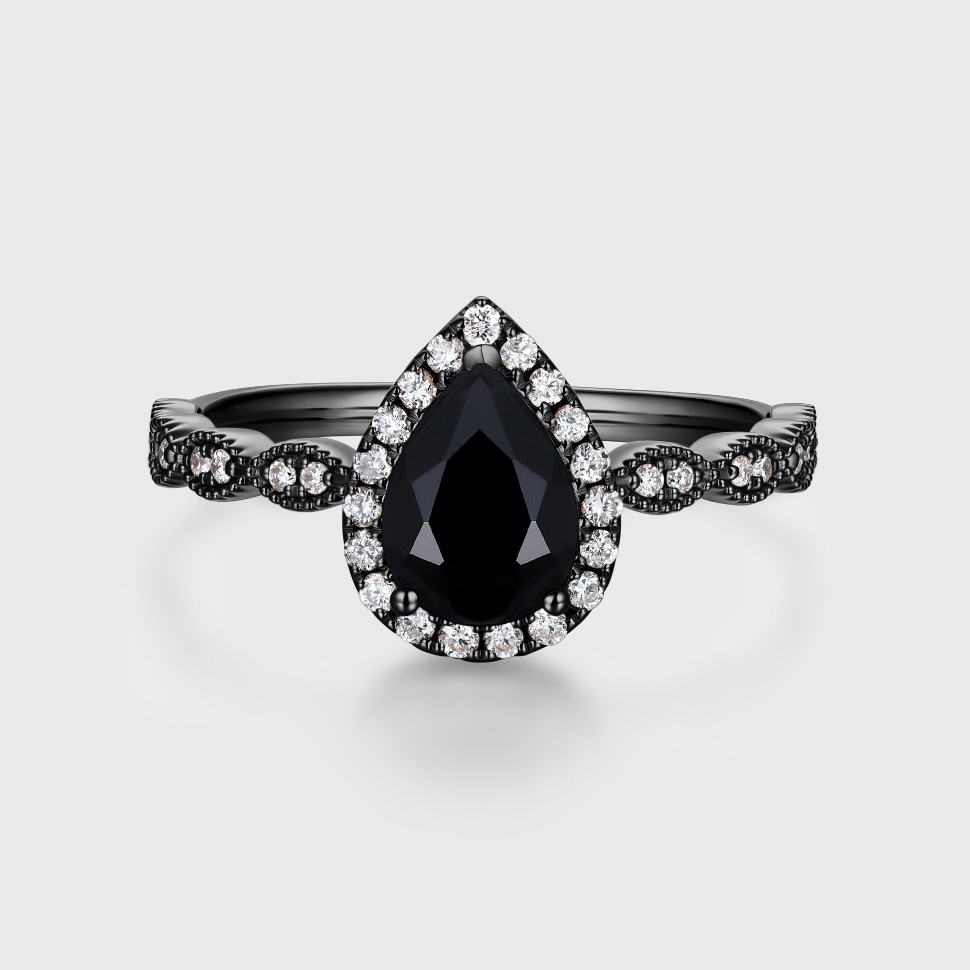 Pear cut Black Onyx  Engagement ring Bridal Set