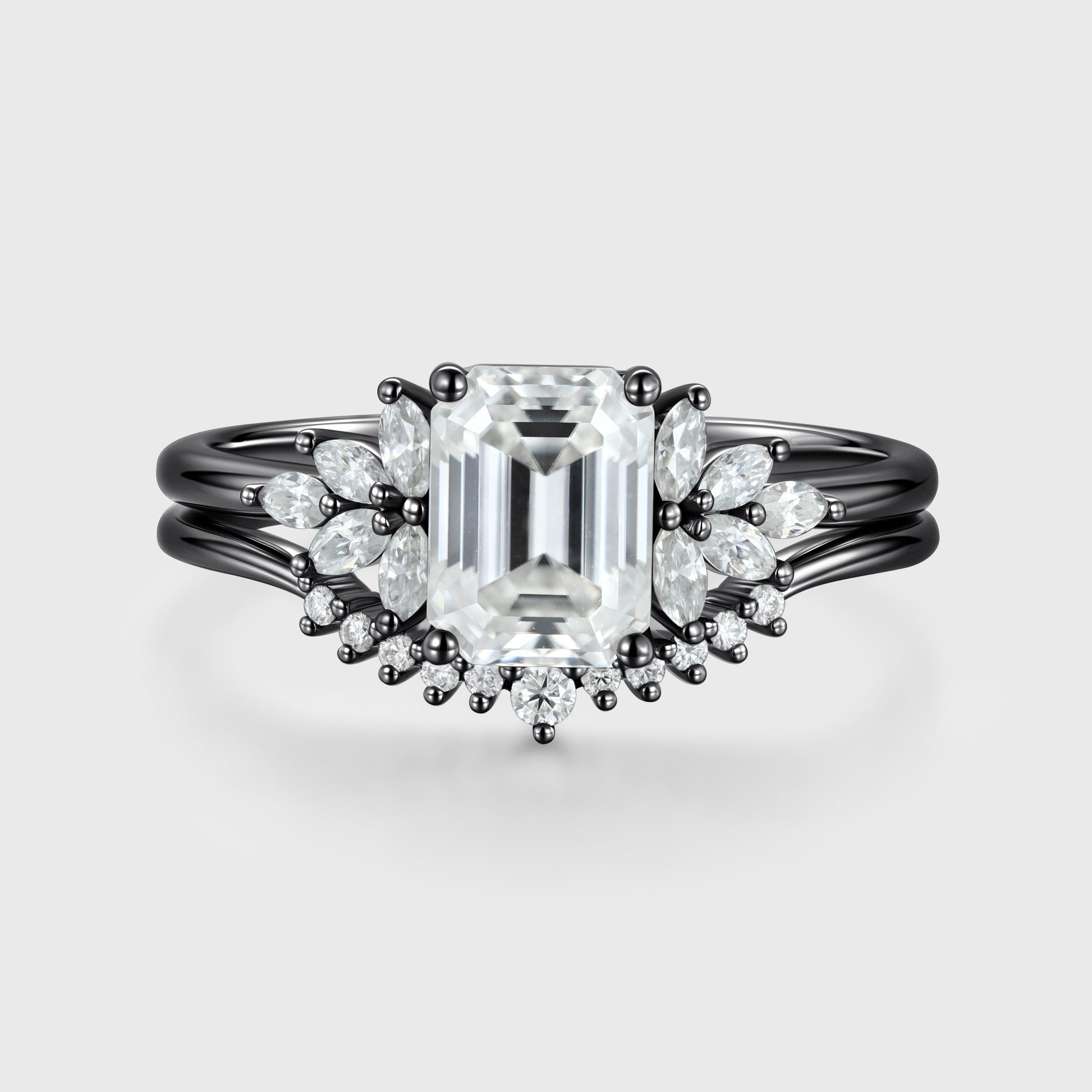 Radiant cut Moissanite Cluster Engagement ring Bridal Set