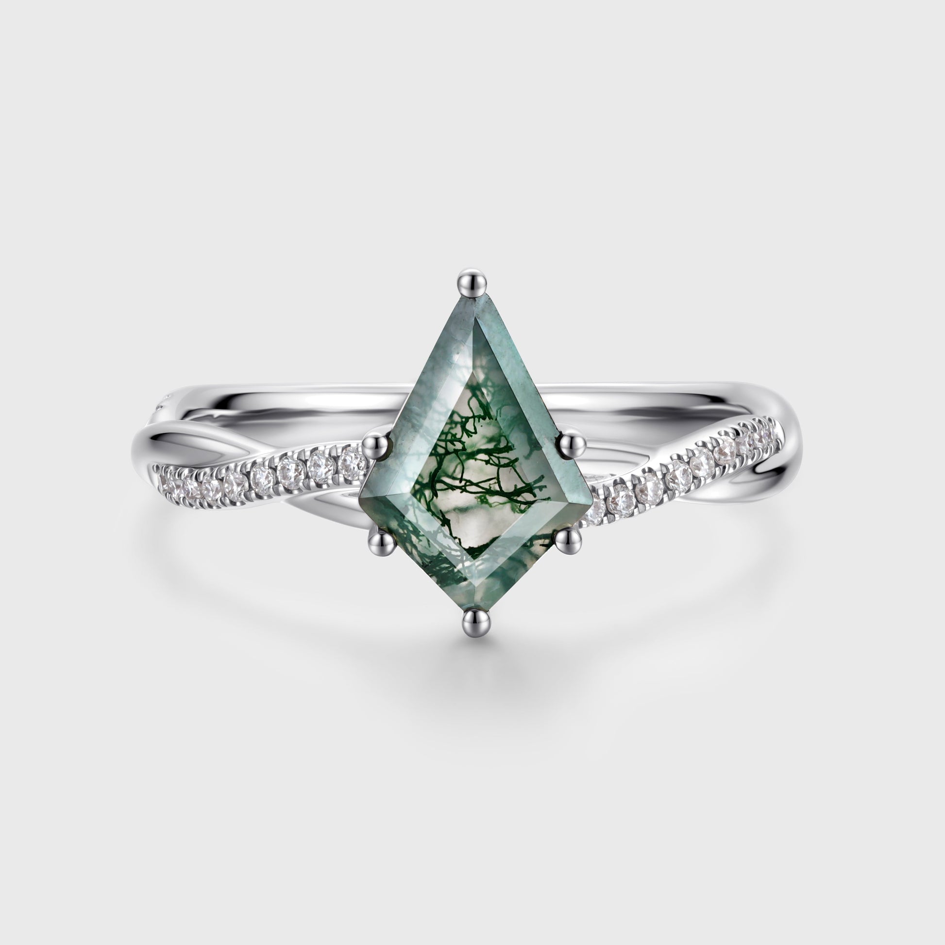 Kite Cut Natural Green Moss Agate Cluster Engagement Ring