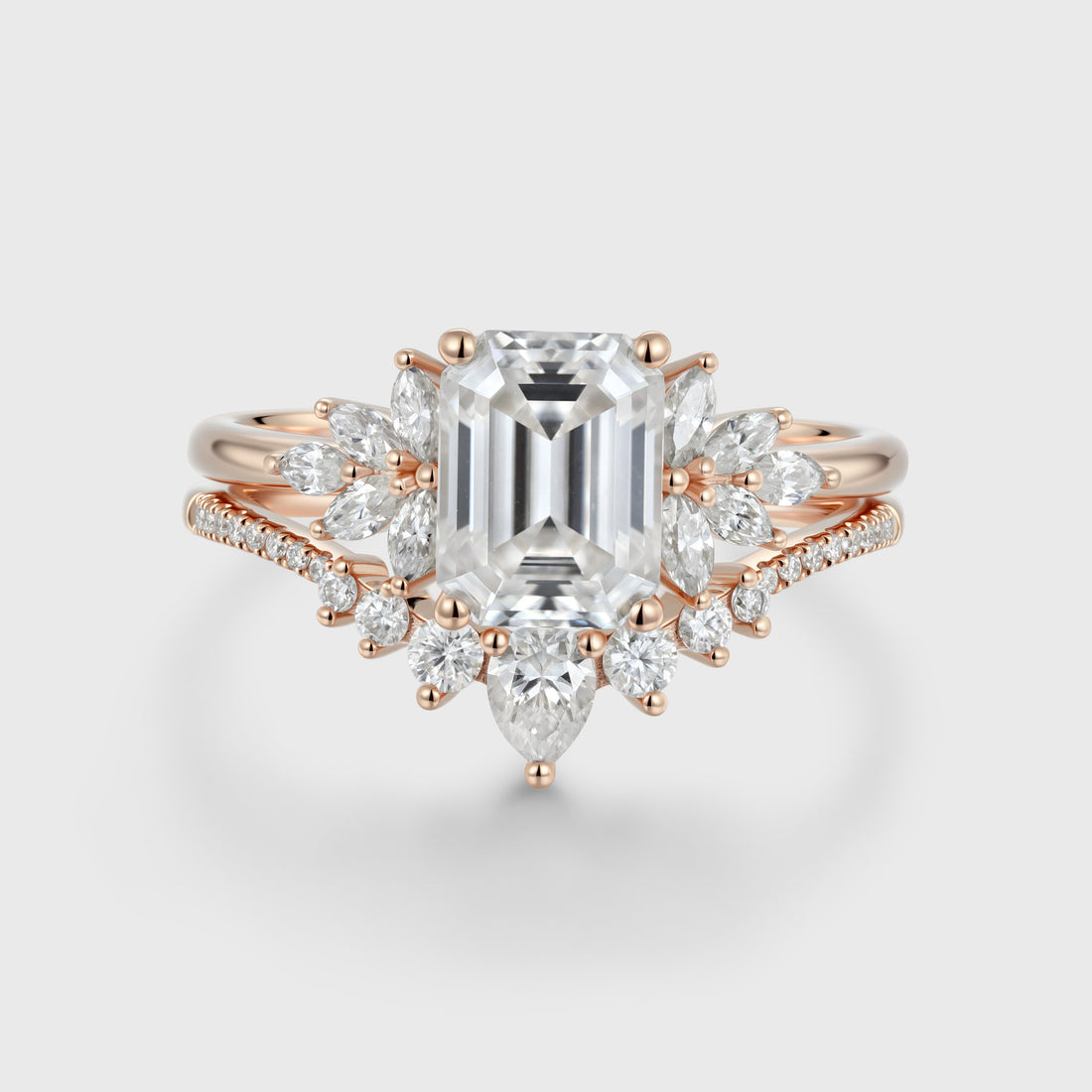 1.7Carat Emerald cut Moissanite Cluster Engagement ring Bridal Set