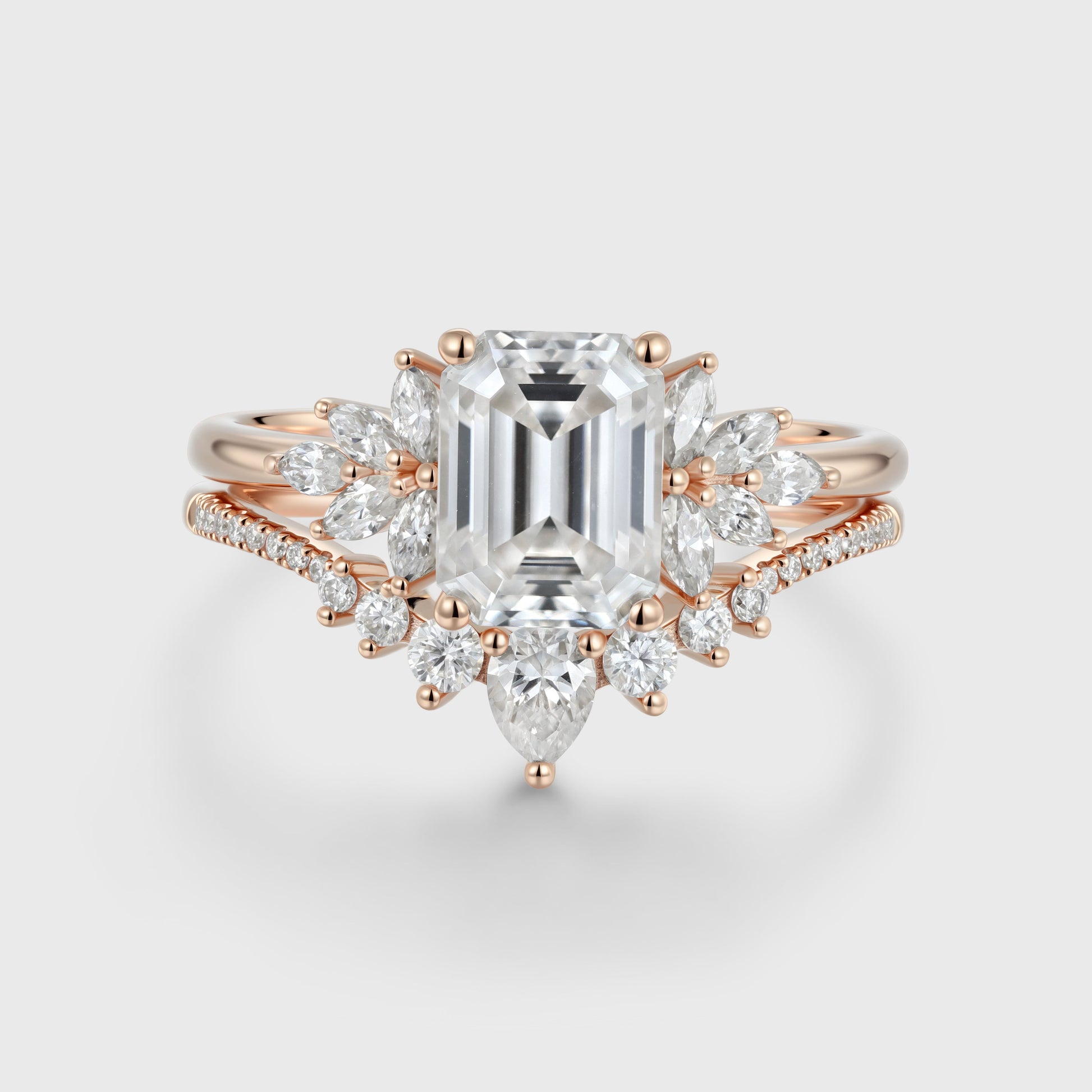 1.7Carat Emerald cut Moissanite Cluster Engagement ring Bridal Set
