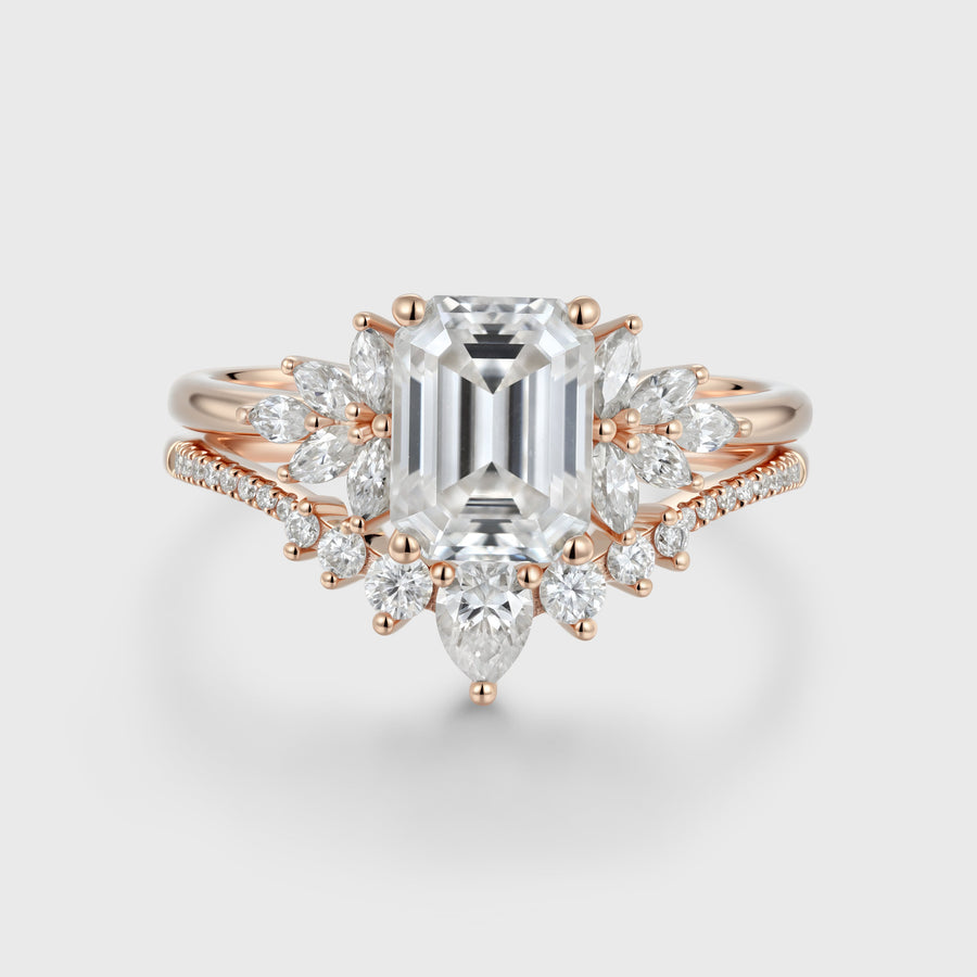 1.7Carat Emerald cut Moissanite Cluster Engagement ring Bridal Set