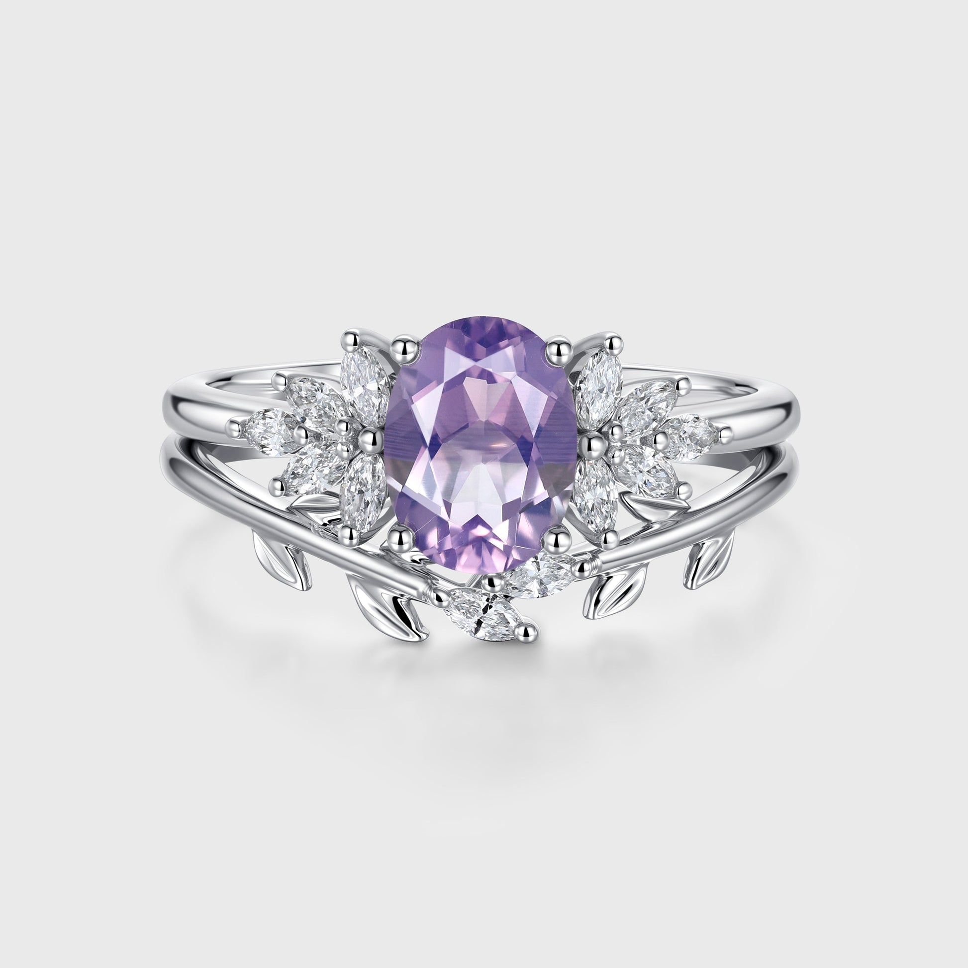Oval Cut Lavender Amethyst Engagement Ring set Rose Gold Diamond Wedding Bridal Set