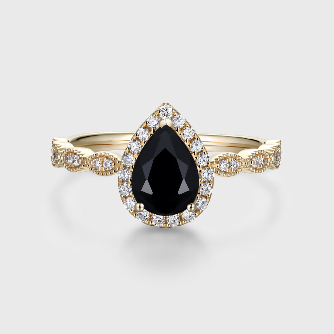 Pear cut Black Onyx  Engagement ring Bridal Set