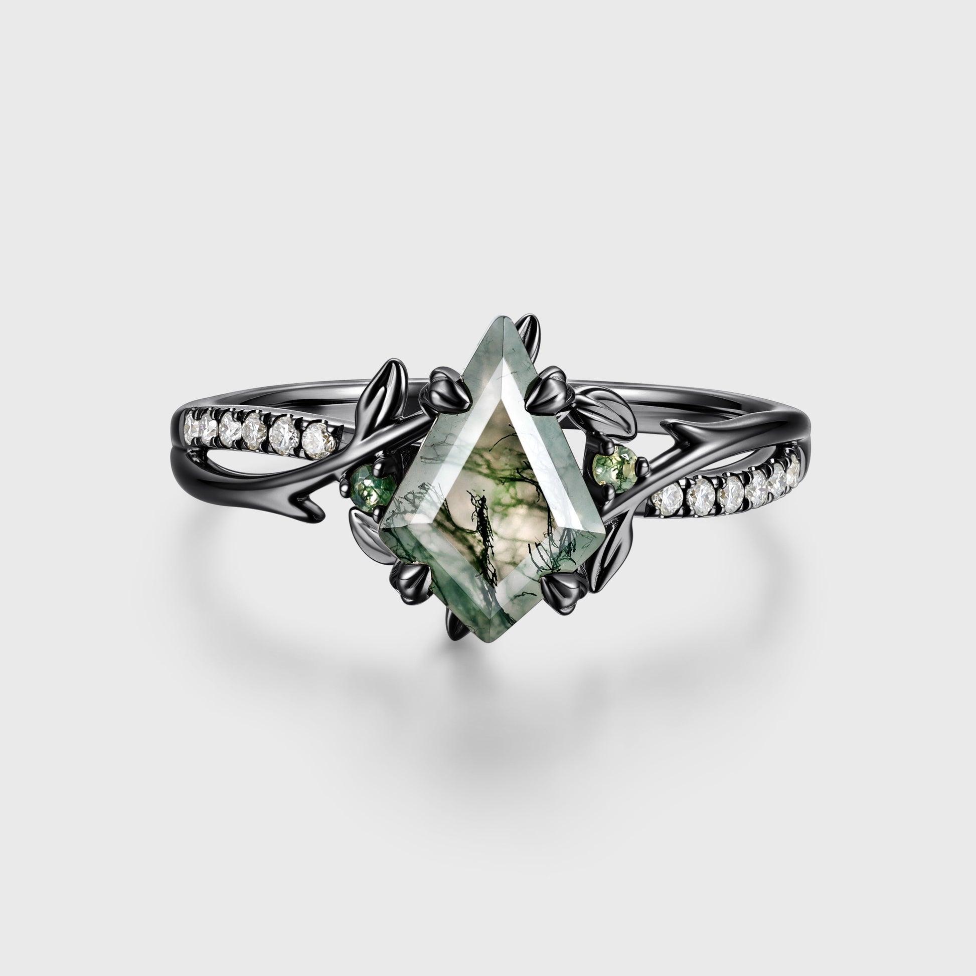 Nature Inspired Kite cut Moss Agate Gold Engagement Ring