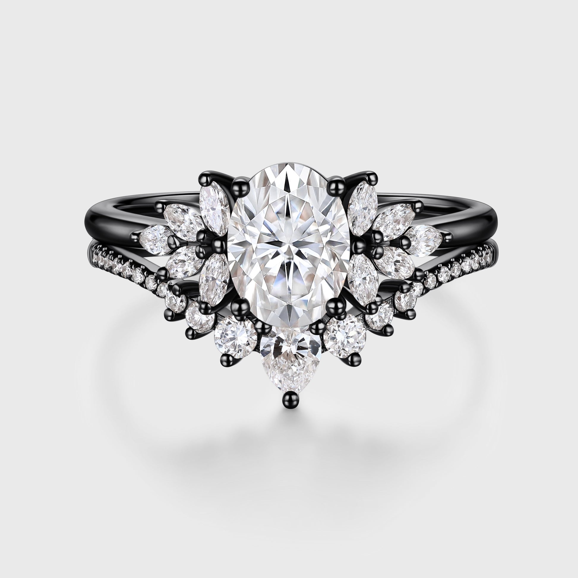 1.5 Carat Vintage Oval cut Moissanite Cluster Engagement ring Bridal Set