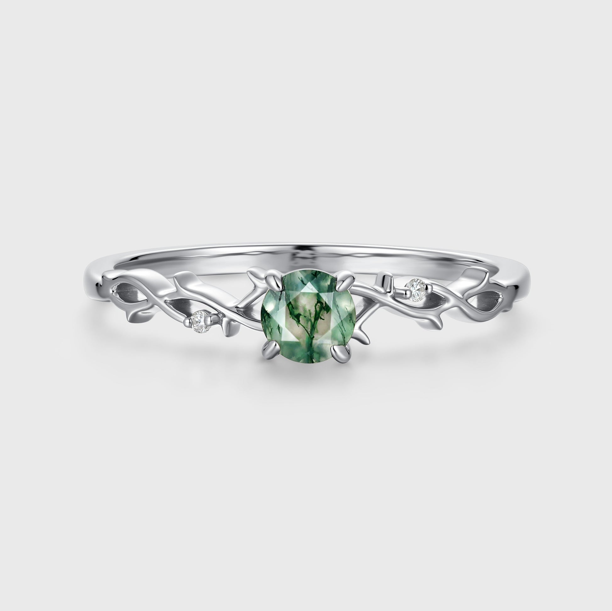 Nature Inspired Round cut Moss Agate + Diamonds twig Engagement Ring