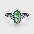 Long Hexagon cut Moss Agate Matching Moissanite | Diamonds Gold Engagement Ring