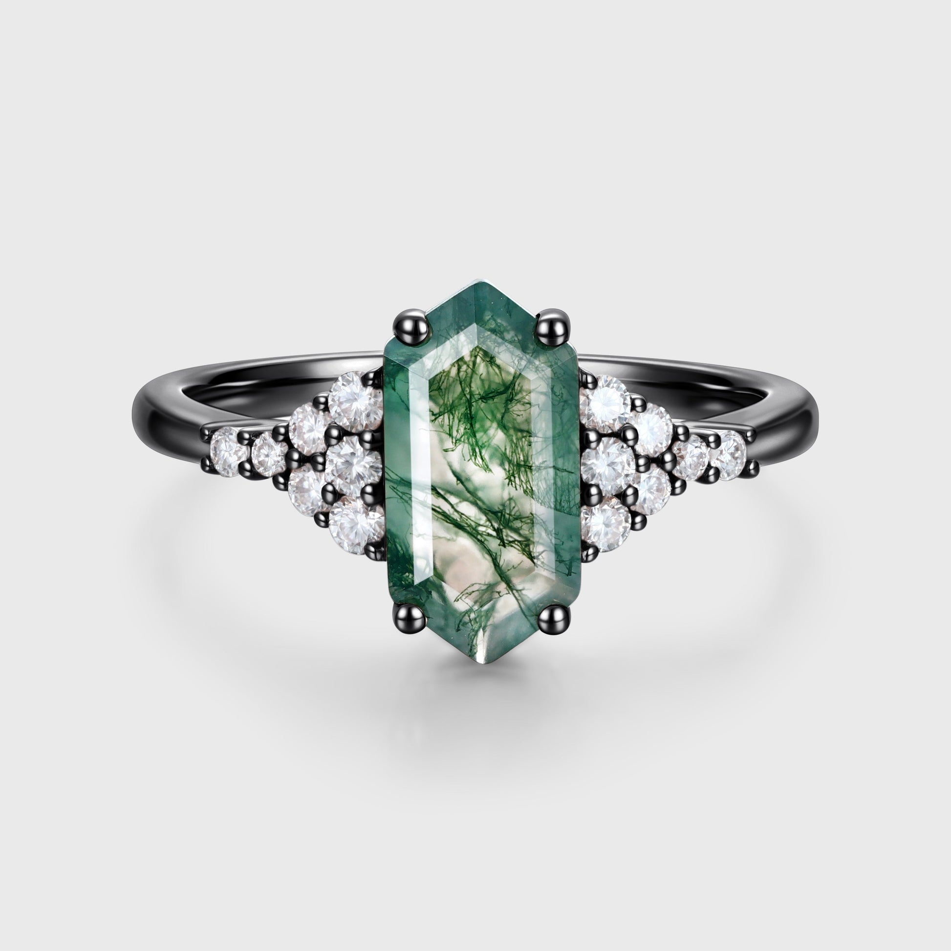 Long Hexagon cut Moss Agate Matching Moissanite | Diamonds Gold Engagement Ring
