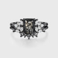 Emerald cut Black Rutilated Quartz Engagement ring Bridal Set