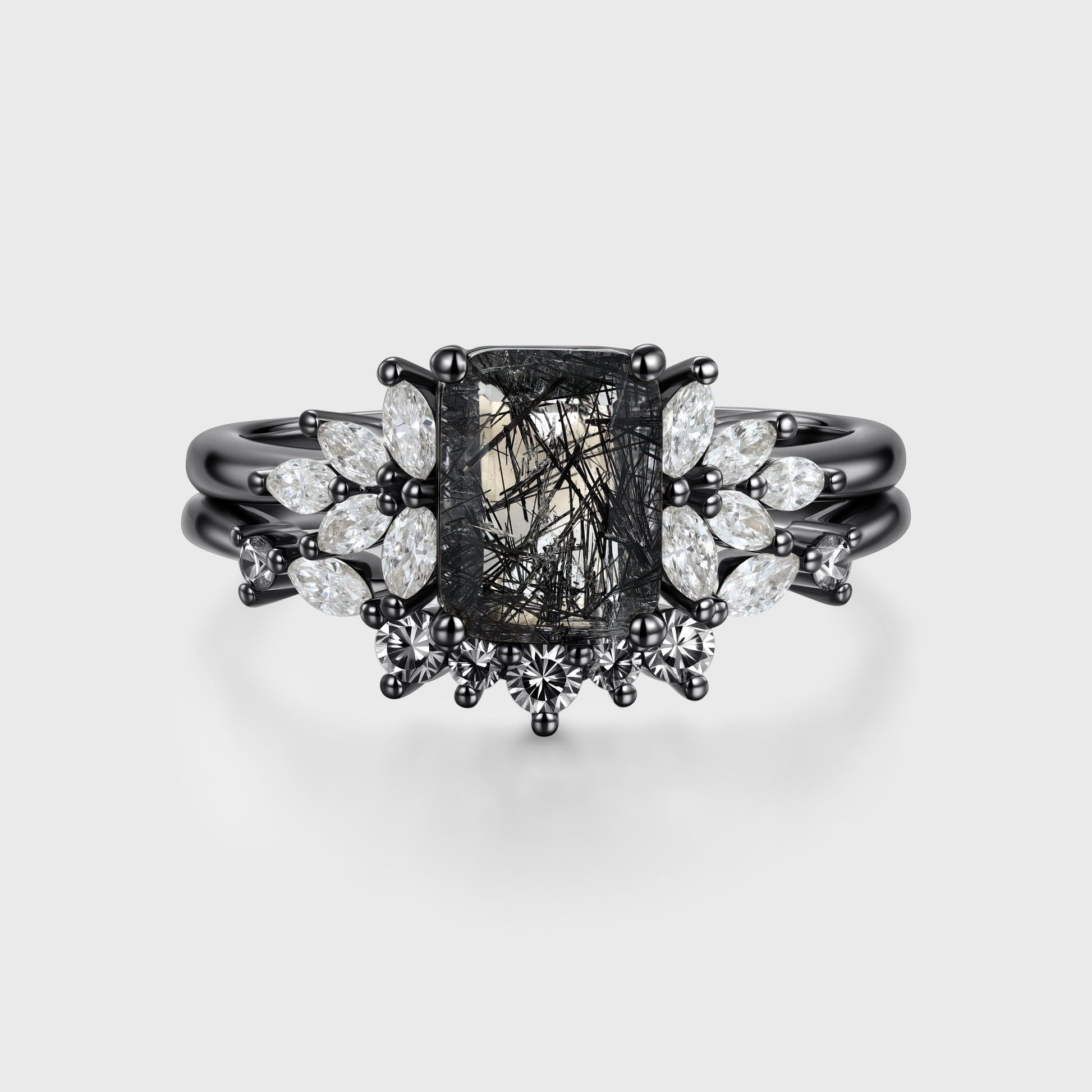 Emerald cut Black Rutilated Quartz Engagement ring Bridal Set