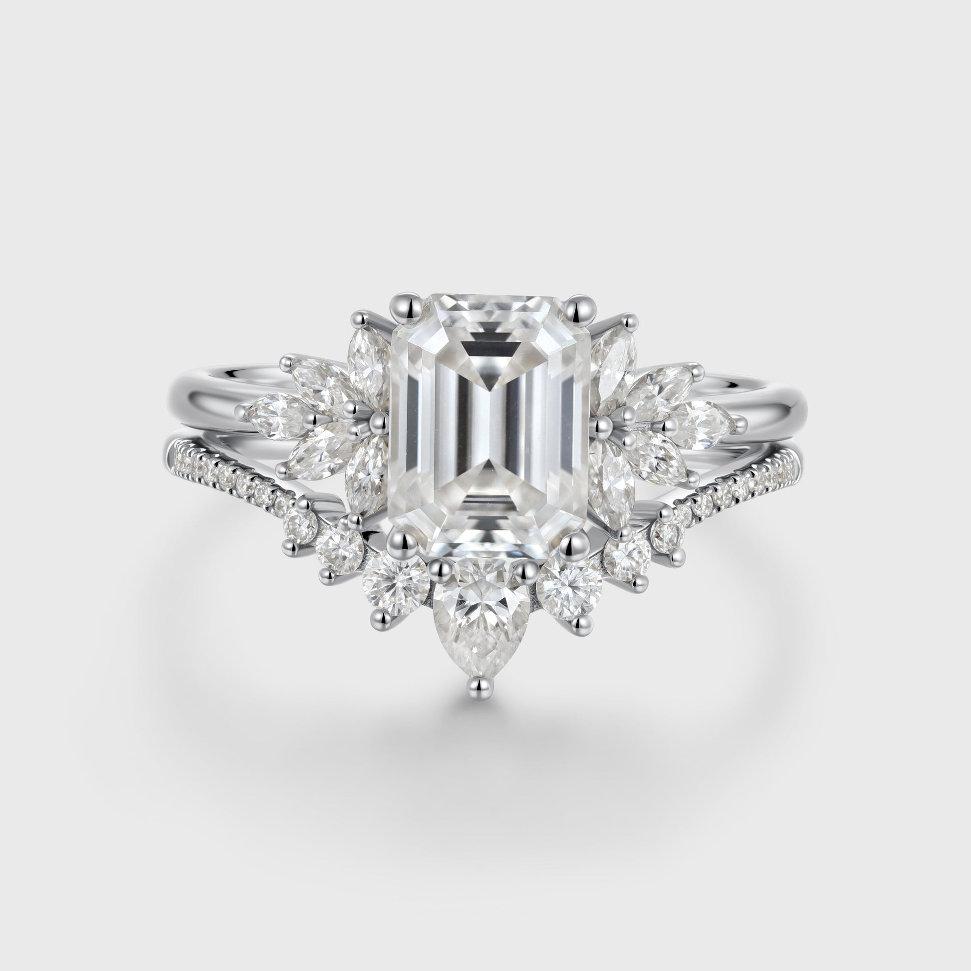 1.7Carat Emerald cut Moissanite Cluster Engagement ring Bridal Set
