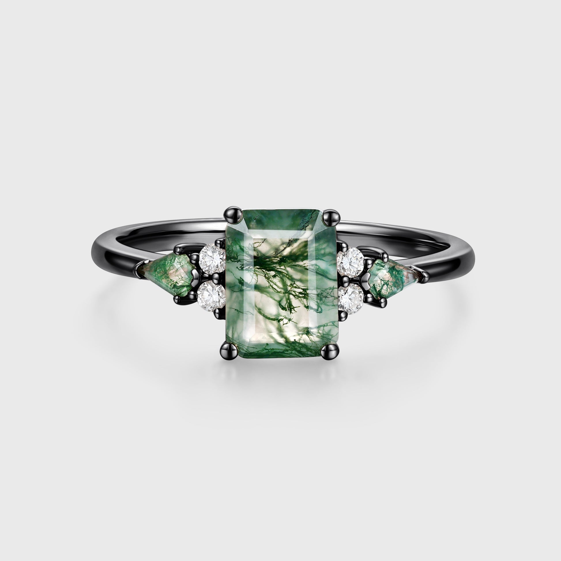 Emerald cut Moss Agate Solid Gold Engagement Ring